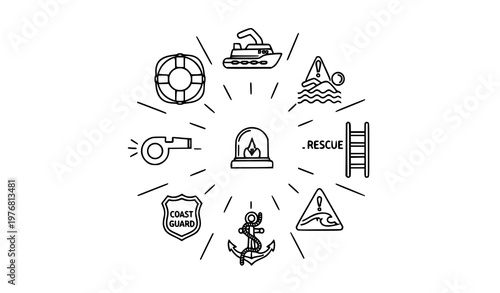 Title:
Sea rescue outline icons collection with thin line lifebuoy boat distress and safety symbols for UI design