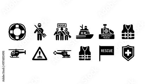 Title:
Sea rescue glyph icons set with bold lifebuoy helicopter drowning warning and safety symbols for branding