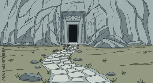 A stone path leading to a doorway in a rocky cliff isolated on transparent background, isolated on white background, Vector