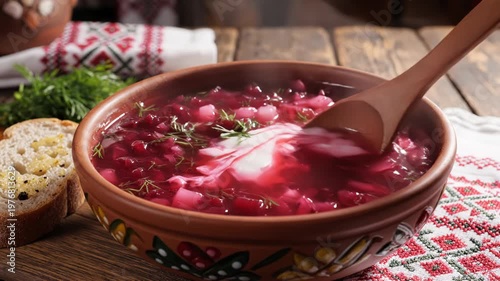 Traditional Beetroot Borscht in Decorative Bowl with Fresh Bread. Russian Cuisine