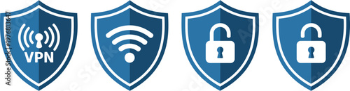 Cyber security shield icon set, black vector icons with VPN wifi and lock symbols representing data protection privacy encryption and secure internet connection concepts.
