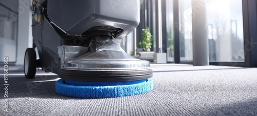 The Floor Scrubber Cleaning Commercial Office Carpet In A Bright Modern Workspace