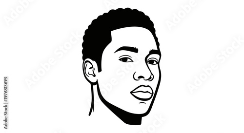 Black and white illustration of a young mans face in minimalist style