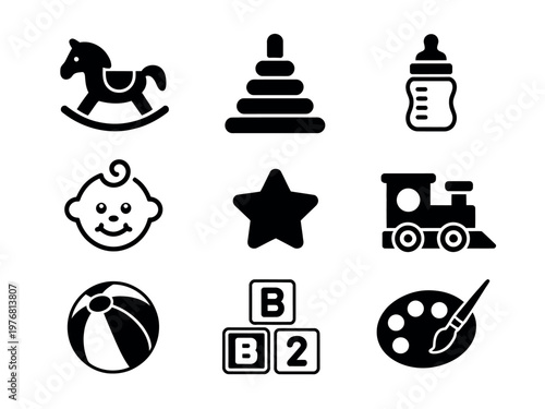 Baby and children playtime essential icons featuring adorable toys accessories nursery items cute design elements vector illustration