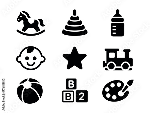 Baby children playtime icons with adorable toys nursery essentials and accessories cute design elements vector illustration