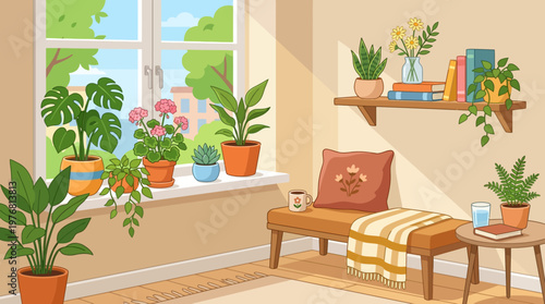 Potted plants on wooden shelf indoors.