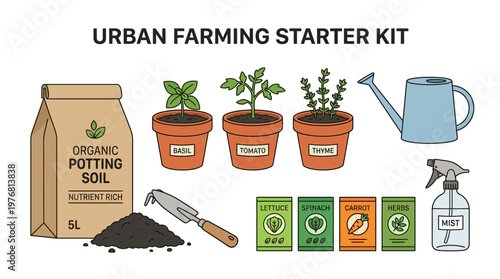 Urban farming starter kit components.