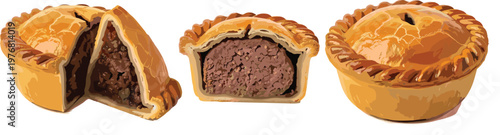 Meat Pie Vector Illustration Set with Whole and Cut Savory Pie Pastry Isolated on Background for Bakery and Food Design