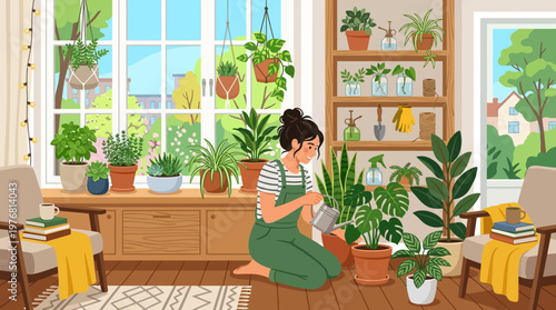 Woman caring for houseplants indoors daily.