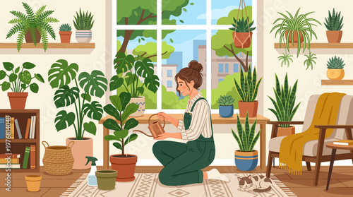 Woman holding a potted plant indoors.