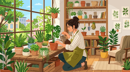 Woman holding a small potted plant.