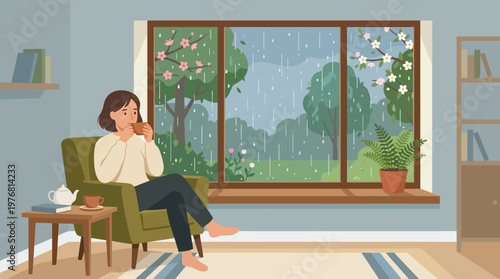 Woman sitting on green armchair relaxing.