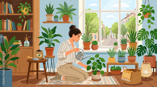 Woman taking care of houseplants indoor.