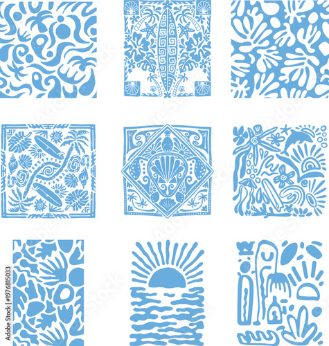 Hand drawn blue summer coastal icons and tropical patterns featuring surfboards, palm trees, and ocean sun in a linocut block print style