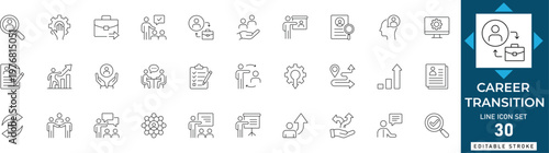 Career transition line icon set featuring job shift, reskilling, pivot, growth, professional, path, and bridge. Professional editable vector illustration.