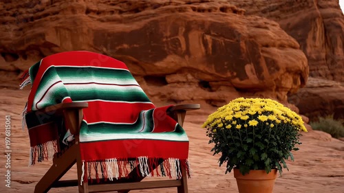 A vibrant red and green blanket draped over a wooden chair sits beside a potted chrysanthemum against a backdrop of striking red rock formations.