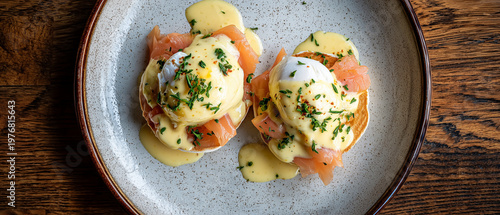 Luxury Eggs Benedict Breakfast Minimal Presentation on Wooden Table with Warm Natural Lighting