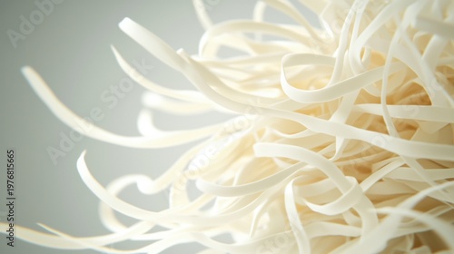 A close-up view of a pile of white, curly noodles against a light gray background.