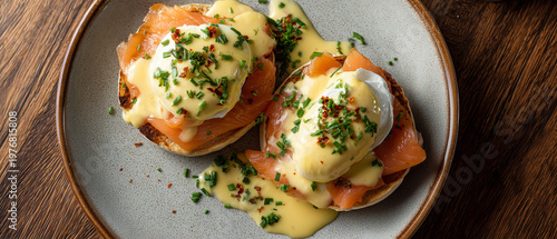 Luxury Eggs Benedict Breakfast Minimal Presentation on Wooden Table with Warm Natural Lighting
