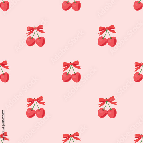 Seamless Cherry Pattern with Red Bow, Vector Illustration. Cute Fruit Repeat Background on Pink. Summer Wallpaper. Girly Nursery Print. Red and Pink Cherry Texture for Fabric, Wrapping Paper