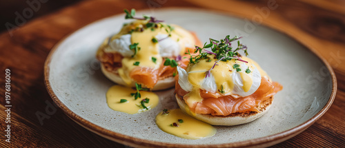 Luxury Eggs Benedict Breakfast Minimal Presentation on Wooden Table with Warm Natural Lighting