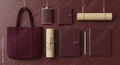 Elegant Burgundy Leather Accessories Displayed on Textured Surface, Lifestyle Essentials.