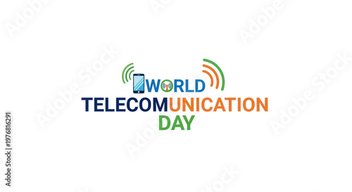 World telecommunication day logo with mobile phone and signal waves on white background