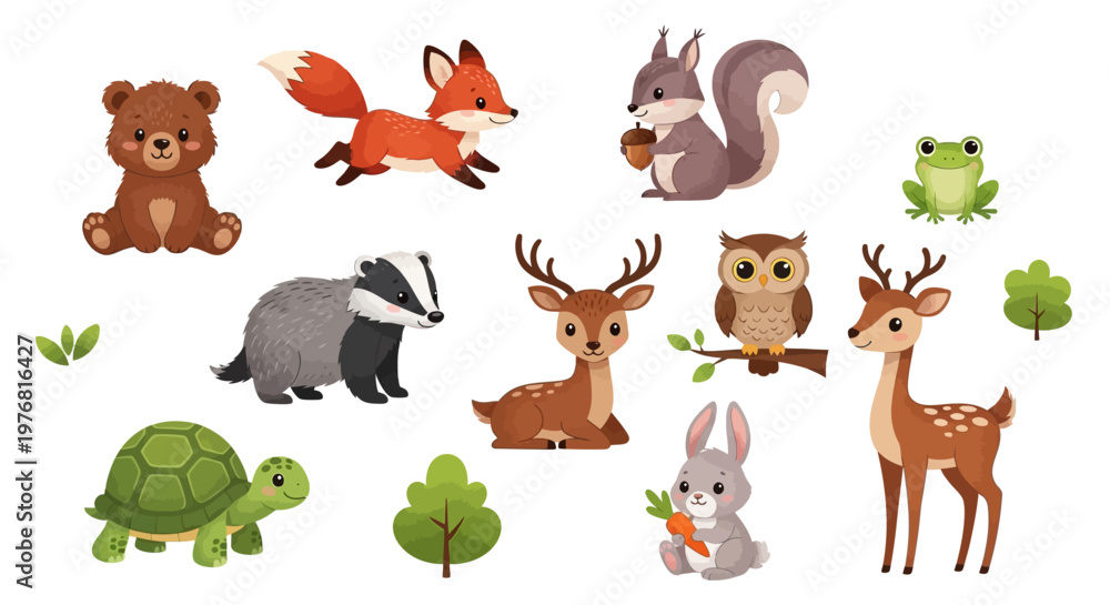 Obraz premium Collection of cute cartoon wild forest animals including a bear fox squirrel deer and owl