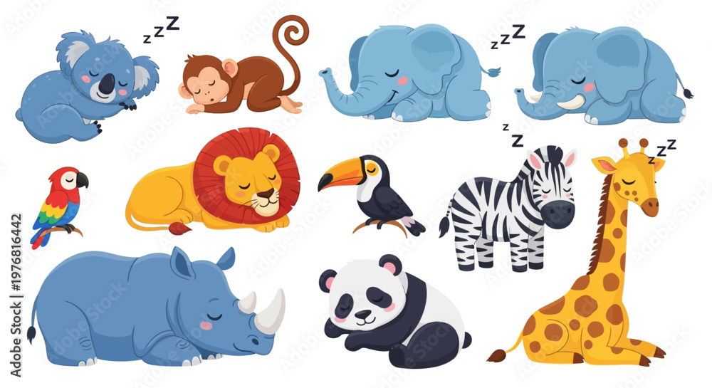 Obraz premium Cartoon illustration of various cute wild animals sleeping peacefully together