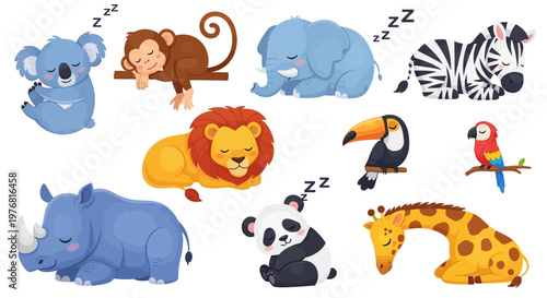 A collection of cute cartoon wild animals including a sleeping lion elephant panda and zebra