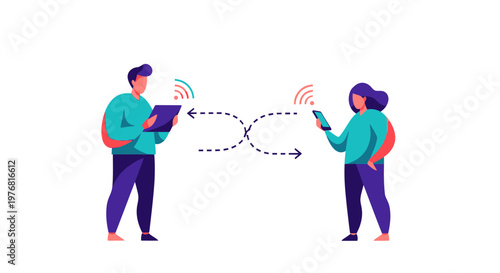 Two people exchanging data wirelessly with devices symbolizing digital communication and connectivity