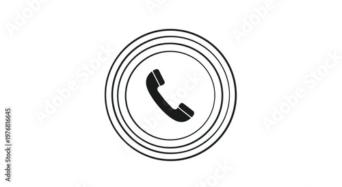 Black telephone receiver icon in concentric circles on white background for communication and contact concepts