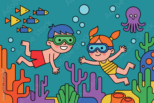 Kids Snorkeling in Cartoon Style