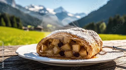Fresh Apple Strudel on Rustic Table with Scenic Mountain View