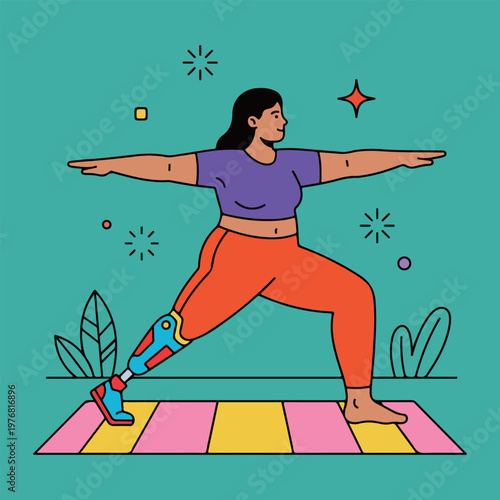 Woman with prosthetic leg in Warrior II pose