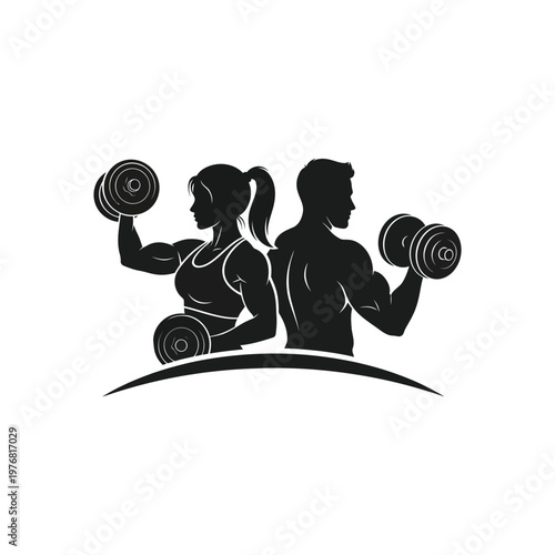 A fitness illustration shows a man and woman lifting dumbbells in gym