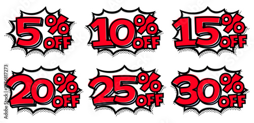 5%から30%OFFのセール文字セット。白いギザギザ吹き出しと赤文字のポップな値札アイコン。