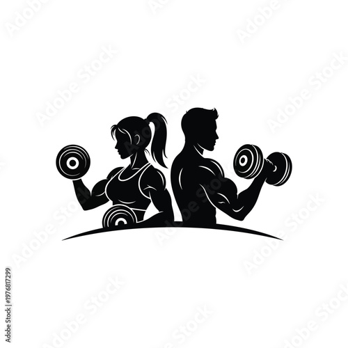 A man and woman exercising with dumbbells in a fitness setting.