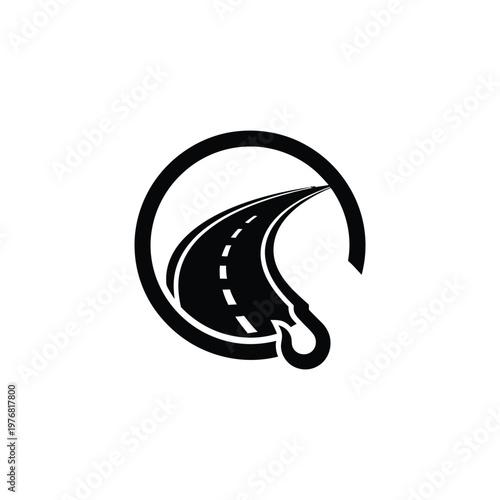 A black road curves sharply to the right within a circular path on a white background.