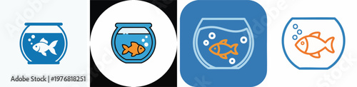 Collection of fish swimming in a bowl with bubbles simple icon
