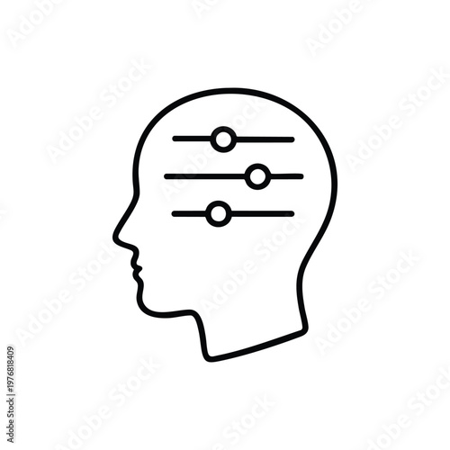 Black and white vector human head with sliders line icon concept of mind control settings entertainment and circus performance