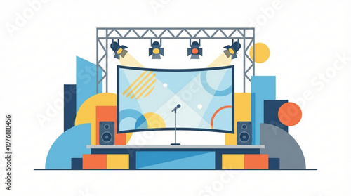 Colorful stage with speaker and lights.