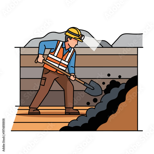 Dedicated worker in protective hard hat and safety vest actively shoveling earth at a construction or excavation site, representing manual labor and groundwork in industrial settings