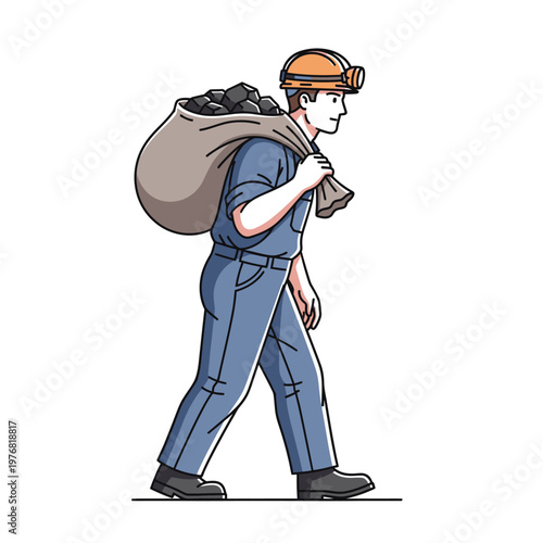 Miner carrying a heavy sack of coal over his shoulder, illustration of a worker in protective gear