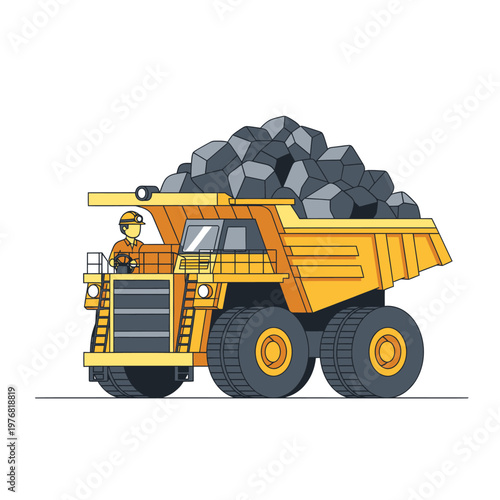 Powerful yellow industrial dump truck illustration, carrying heavy loads of minerals for mining and construction, symbolizing robust earth-moving and industrial progress