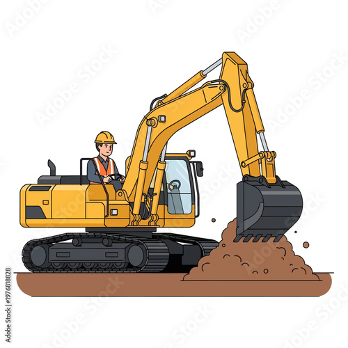 Illustration of a yellow excavator machine operated by a construction worker digging a pile of dirt at a construction site