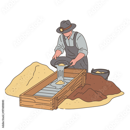 Hardworking gold miner using a pan and sluice box to separate valuable minerals from riverbed sand, illustrating the traditional process of mineral extraction and prospecting