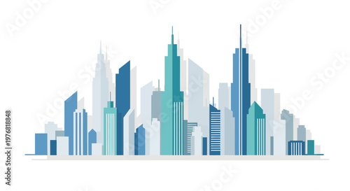 Contemporary urban cityscape illustration featuring abstract skyscrapers and modern architectural buildings, depicting a vibrant downtown skyline with clean, dynamic design