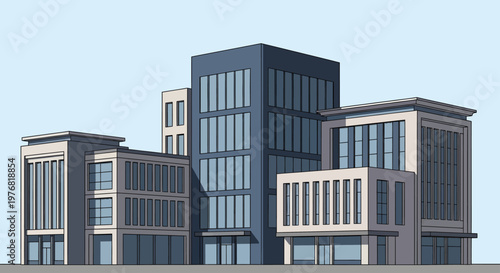 Commercial office buildings with modern architecture and glass facades against a clear sky