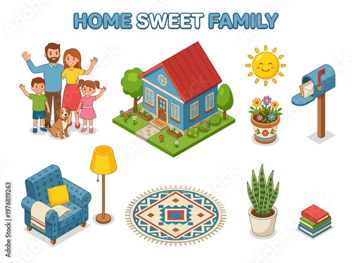 A cheerful isometric illustration depicting a loving family and their cozy home, complete with furniture, garden, and mailbox